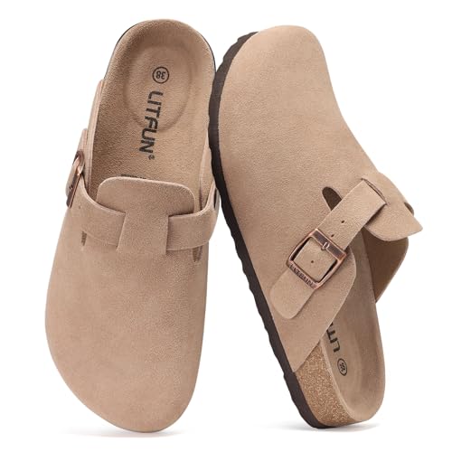 Litfun Wildleder Clogs für Damen weiches Fußbett Pantoletten Taupe 39